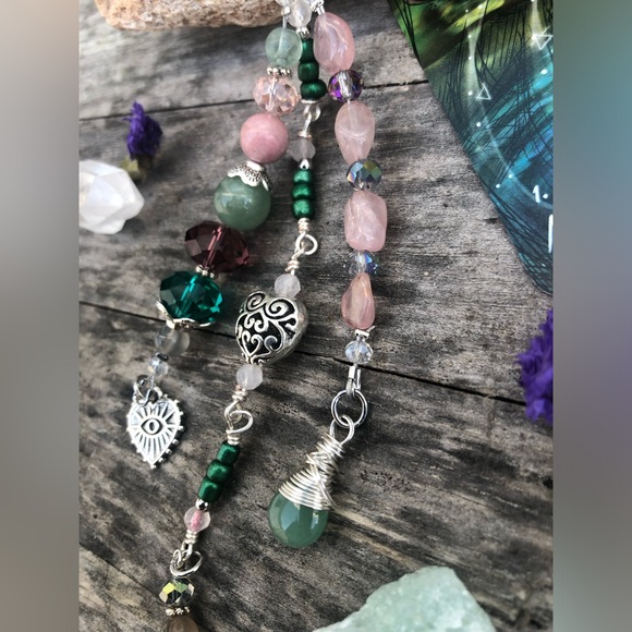 Floral Rose Quartz Aventurine Gemstone Purse Charm Keychain / Car Mirror Charm - Picture 4 of 15